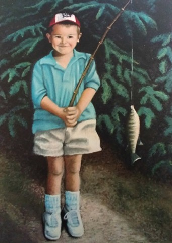 Portrait of a boy catching his first fish, pastel portrait, artist Jan Maitland
