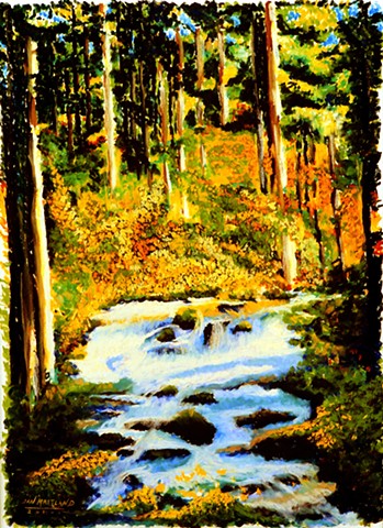 Autumn Trees and River Giclee Fine Art Print, Tranquility, Pastel Painting By Jan Maitland, River, Gold, Orange, White Water, Archival print 8x10, janmaitland.com