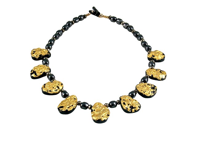 Mezzo Soprano Black Tektite and Gold Necklace, tektite gilded necklace, gilded jewelry, necklace in gold and black, precious metal on stone necklace, 23 karat gold leaf on stone necklace, gold tektite pyrite and Swarovski Pearls necklace, unique gilded je