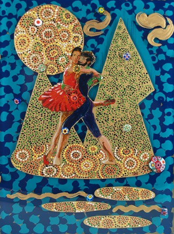 verre églomisé, gilded glass, reverse painting, hand-gilded, hand-painted, "Ballet Caress" by Jan Maitland, Framed, Home Decor, Wall Art