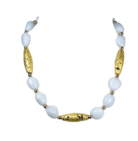 Elegance In White Aventurine and Gold Gilded Necklace, Necklace in Gold and White, 23 karat gold leaf on lava stone, white aventurine, gilded jewelry, Jan Maitland gilded jewelry designs, Oregon artist,