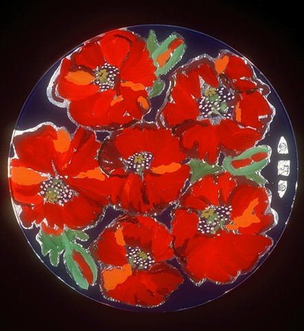verre églomisé, gilded glass, reverse painting, hand-gilded, hand-painted, "Poppies" Glass Table Top by Jan Maitland, Home Decor