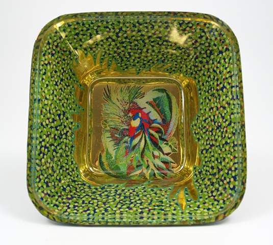 eglomise, janmaitland, églomisé, Reverse painting on glass, gilded glass, "Parrots"glass bowl by Jan Maitland,, 23K Gold Leaf, hand painted, home decor, glass art, janmaitland.com