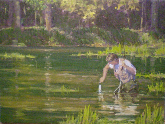 Impressionist Landscape Painting with Fisherman