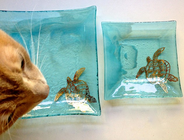 Wispy watery aqua gold turtle plates

$38 large; $28 small
