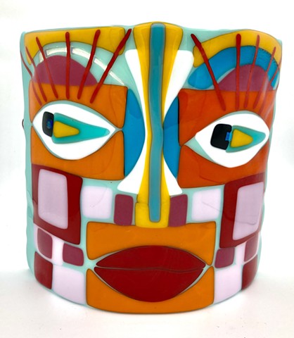 "The Watcher" - Curved Totem in Orange, pink, blue and white