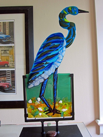 Blue Heron in metal stand 

Details:
25 1/4" tall by 9" wide

