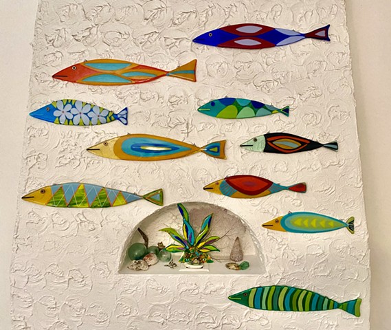 "Fall Colors"details:pretty birch trees in fused glass--comes in metal stand.  12" tall x 9" wide