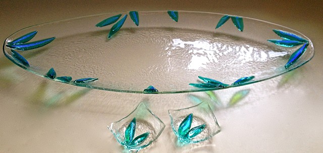 Large clear oval platter with Aqua leaves with two little dishes...