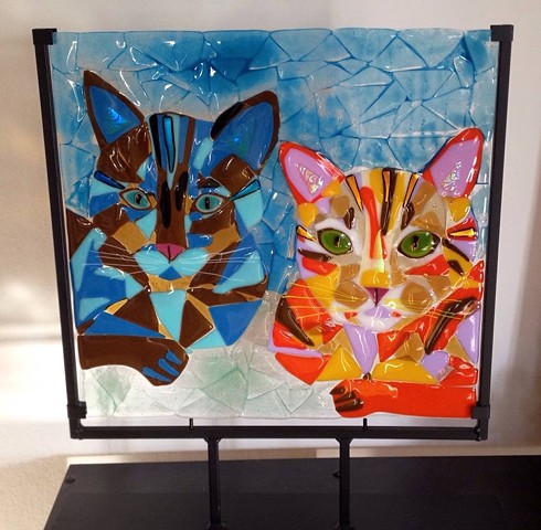 LARGE pet portrait in metal stand...details:glass portrait in metal stand measures approximately 16" x 19"