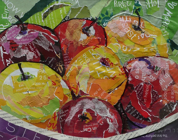 collage still life of red apples in a purple bowl