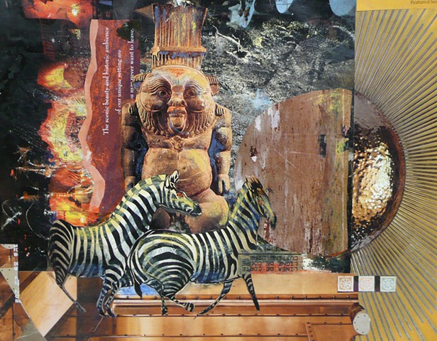 Zebras dance in a collage with mysterious elements