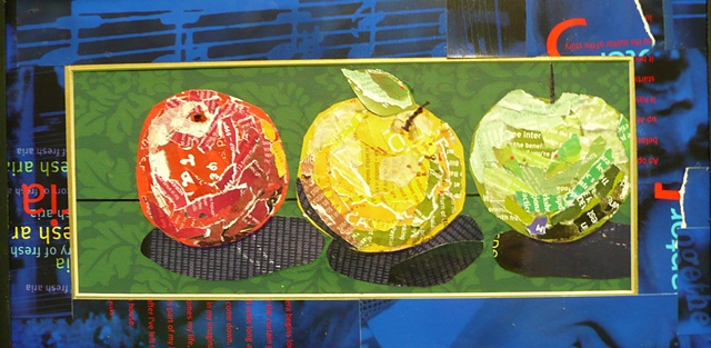 collage art of three apples one red, one yellow and one green