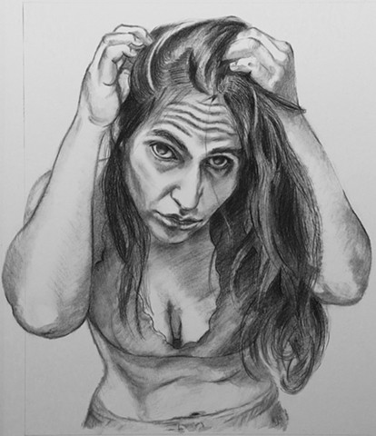 Charcoal drawing of woman searching for the hairs that have gone white by Kelly Jane Smith-Fatten