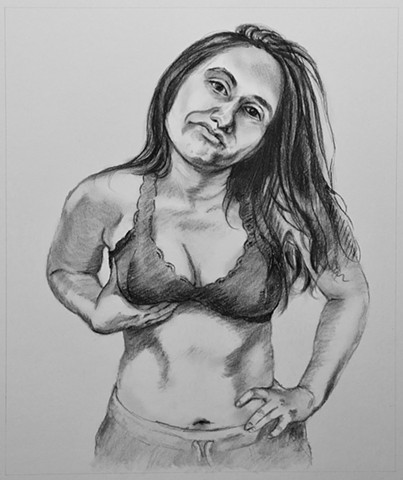 Charcoal drawing of woman lifting up one breast to compare it to the other by Kelly Jane Smith-Fatten
