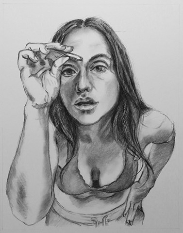 Charcoal drawing of woman plucking her unibrow by Kelly Jane Smith-Fatten