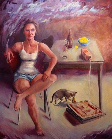 A woman sits at a table, cigarette in hand, looking out beyond the picture plane. At first glance, the objects on the table seem common place, but upon closer inspection, they are mismatched: lemons, wine, and milk which is pouring over the edge of the ta