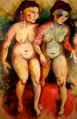 Large scale painting in oil of two nude female figures by Kelly Jane Smith-Fatten. One woman is holding the other by the arm. 