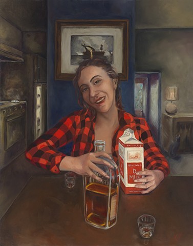 metaphorical self portrait of the artist's childhood, woman sitting at table with milk and whiskey