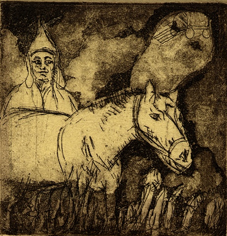 intaglio hand pulled print Horse