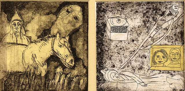 intaglio hand pulled print horse and record player