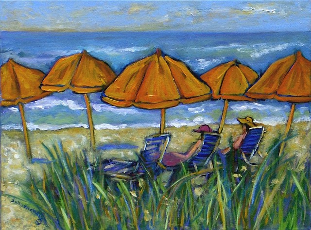 Day at the Beach with Orange Umbrellas