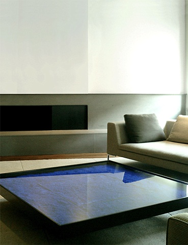 Washington Square Loft, coffee table, Espasso, modern minimalist livingroom, B & B Italia sofa, custom gas fireplace, by Doug Stiles Interior Design