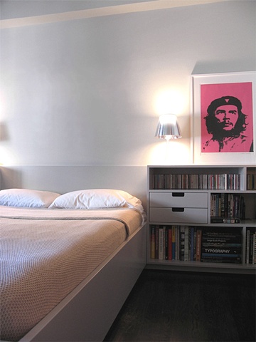 east village prewar apartment, modern minimalist bedroom, Miguel Trelles serigraph,by Doug Stiles Interior Design