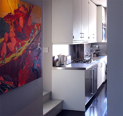 prewar penthouse apartment, modern minimalist kitchen, metal cabinets, by Doug Stiles Interior Design