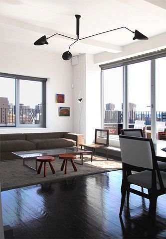 prewar penthouse apartment, serge mouille fixture, modern minimalist livingroom, by Doug Stiles Interior Design
