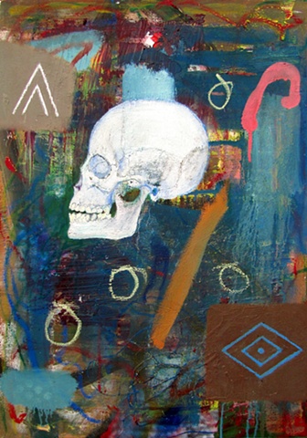 an abstract painting, featuring a skull and american indian symbols 