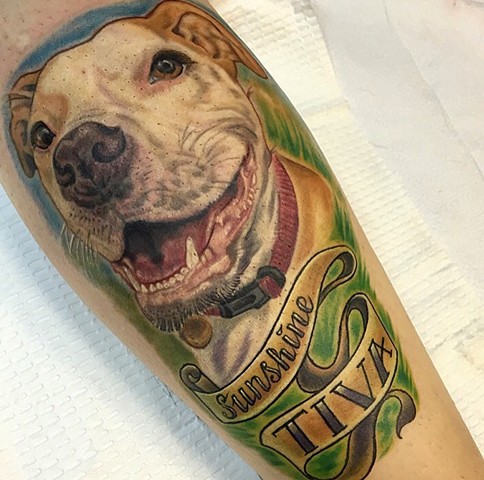 Laura Usowski, ct tattoo artist, ct tattoo, female tattoo artist, dog portrait tattoo, color dog portrait, friends, love, dog tattoo