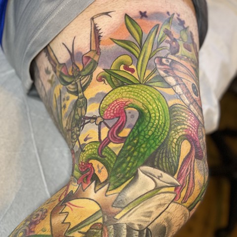Ct tattoo artist, female tattoo artist, laura Usowski, pitcher plant tattoo, praying mantis tattoo