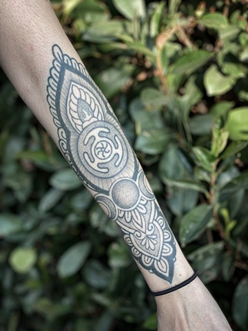 Healed tattoo. Ornamental triple moons & Wheel of Hekate