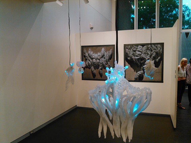 Bioluminscent 1 installed at Curfman gallery, artworks by Shelby Shadwell in background