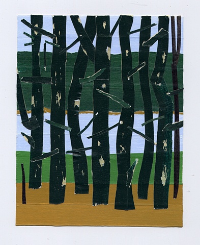 pine trees with peeling bark, tape collage, blade wynne