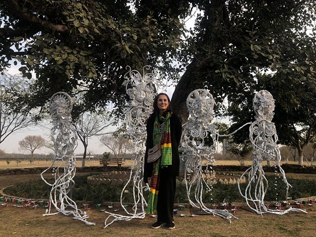 Fauzia Minallah with her installation'Tinfoil Mother Nature's Tribe' on the occasion of declaring an old banyan tree as a 'Natural Monument' by the Capital Development Authority.