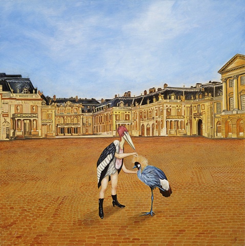 Oil painting of exotic birds, exterior, Versailles by Jennifer Delilah