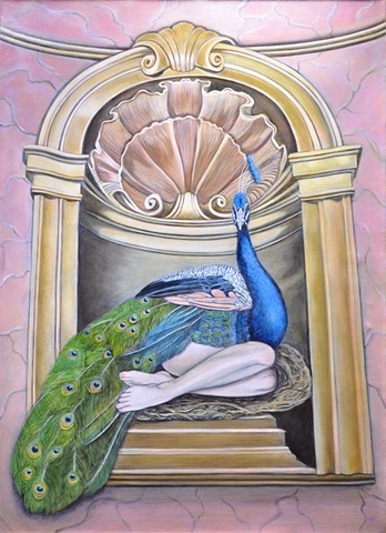 Oil painting of peacock woman nesting in as an icon by Jennifer Delilah