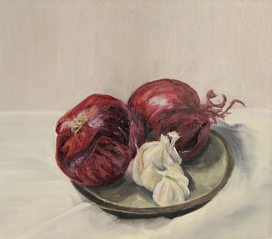 Oil on canvas, red onions/white garlic