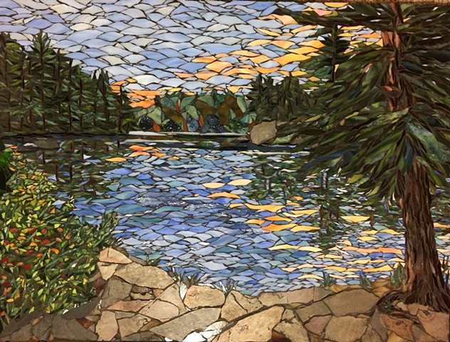 Stained Glass Mosaic, Slate, Lake, trees, Landscape