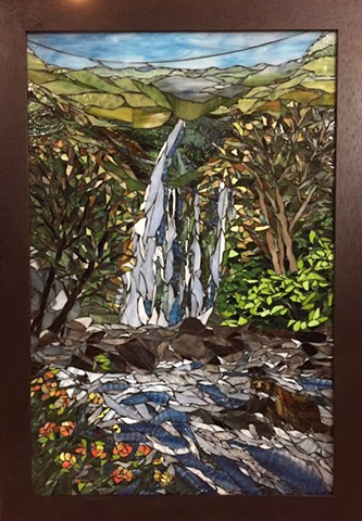 Stained Glass Mosaic, Landscape, Trees, Waterfall, Wildlife