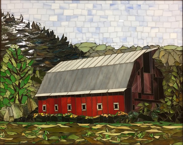 Stained Glass Mosaic, Landscape, Barn, Farm