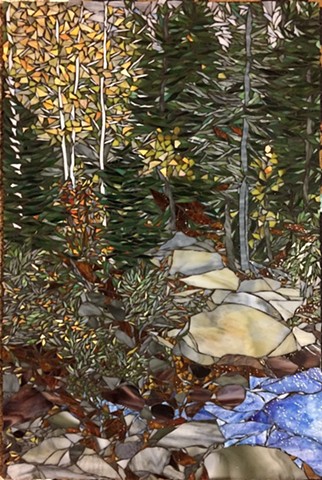 Stained Glass Mosaic, Landscape, Trees, Rocks, Creek