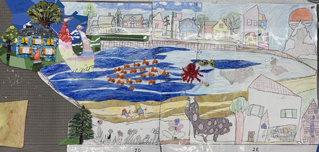 East Side Lake /fish, sailboat, houses and surrounding floral and fauna + a mountain.