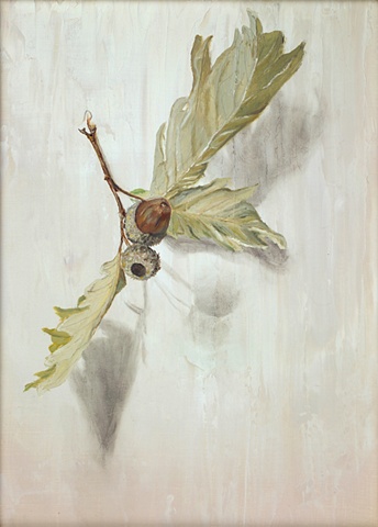 Oak leaves and acorn, oils painted on panel