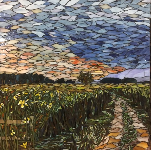 Stained Glass Mosaic, Floral, Cornfield, Trees, Landscape