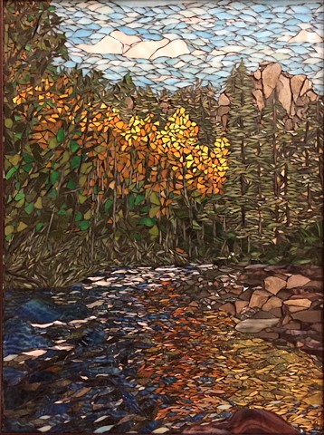 Stained Glass Mosaic, Landscape, Fall, Water, Trees