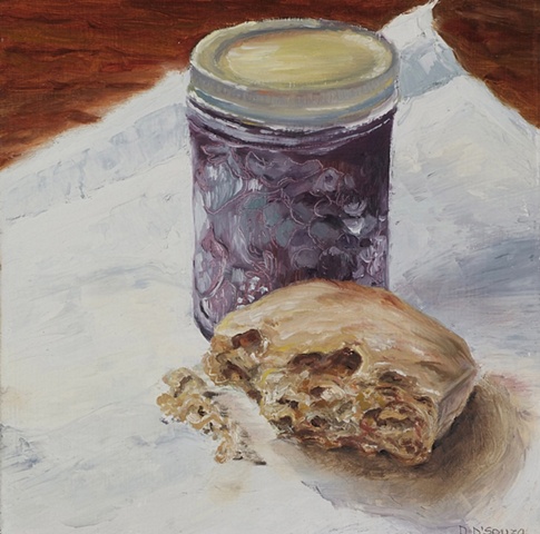 oil on panel of jar of jam with bread crust