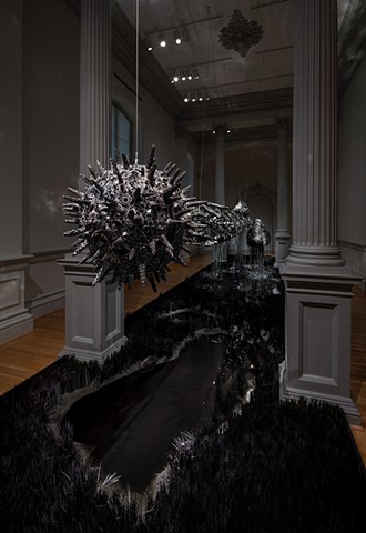 Lauren Fensterstock, The totality of time lusters the dusk, 2020 glass, Swarovski crystal, quartz, obsidian, onyx, hematite, paper, Plexiglas, wood, cement, lath, and mixed media, dimensions variable, Courtesy Claire Oliver Gallery. Photo by Ron Blunt.
